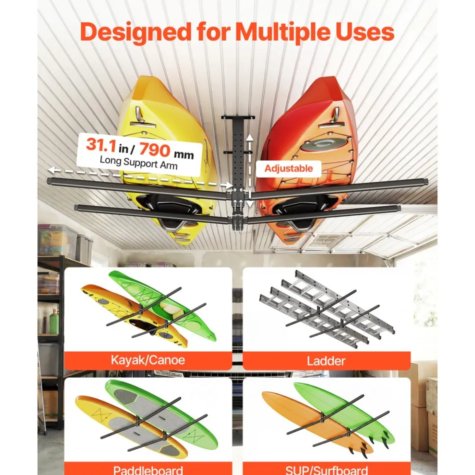 VEVOR Kayak Storage Rack for 2 Kayaks, Holds Up to 250 lbs, Heavy Duty Adjustable Ceiling Rack for Garage Ceiling Mount, Overhead Garage Storage Hanger for Canoe, Ladder, SUP, Surfboard & Paddleboard