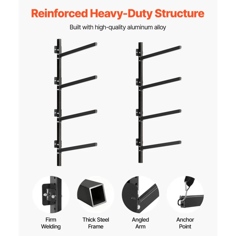 VEVOR Kayak Storage Rack for 4 Kayaks, Holds 300 lbs, Heavy Duty Adjustable Wall Mount Stand for Indoor Outdoor Garage Shed Dock, Storage Holder for Canoe, Small Boat, SUP, Surfboard & Paddleboard