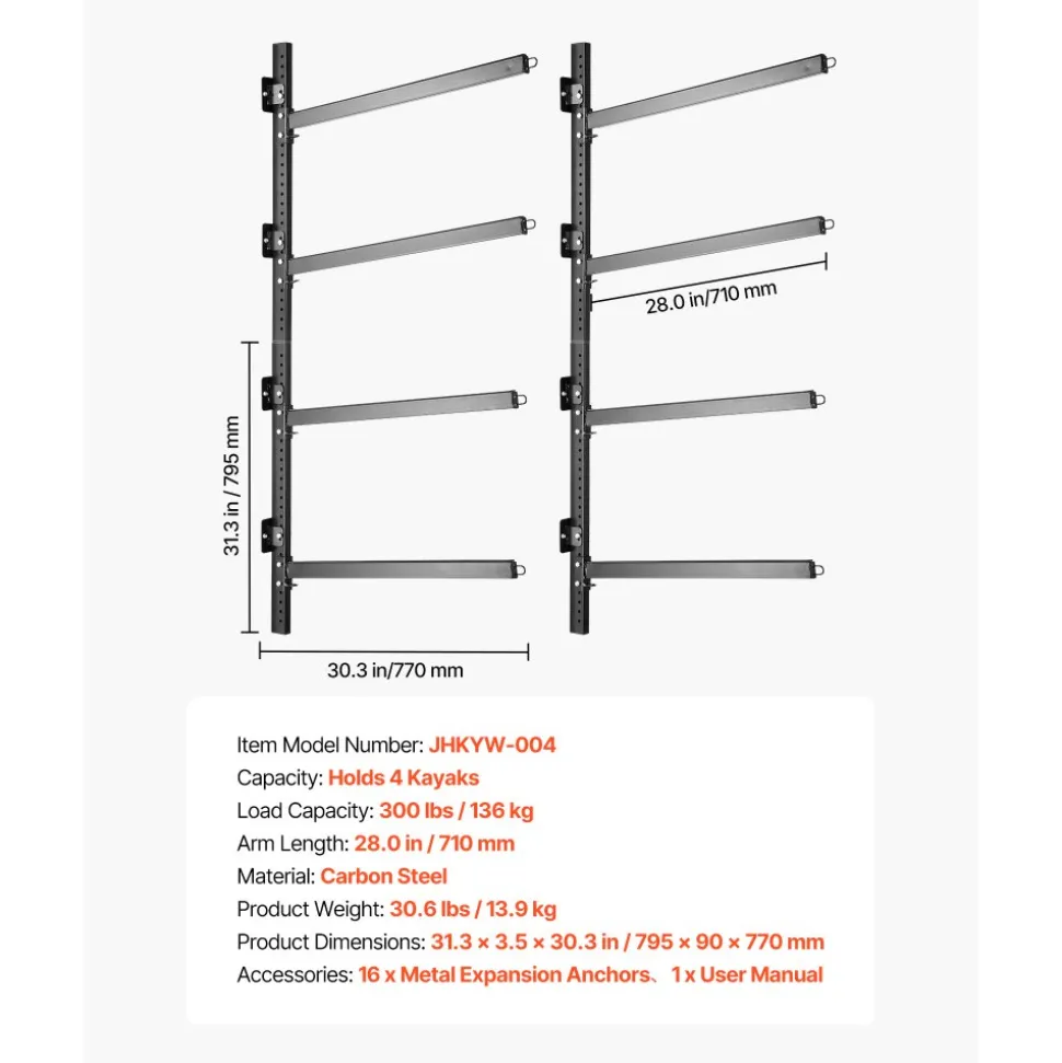 VEVOR Kayak Storage Rack for 4 Kayaks, Holds 300 lbs, Heavy Duty Adjustable Wall Mount Stand for Indoor Outdoor Garage Shed Dock, Storage Holder for Canoe, Small Boat, SUP, Surfboard & Paddleboard
