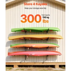 VEVOR Kayak Storage Rack for 4 Kayaks, Holds 300 lbs, Heavy Duty Adjustable Wall Mount Stand for Indoor Outdoor Garage Shed Dock, Storage Holder for Canoe, Small Boat, SUP, Surfboard & Paddleboard
