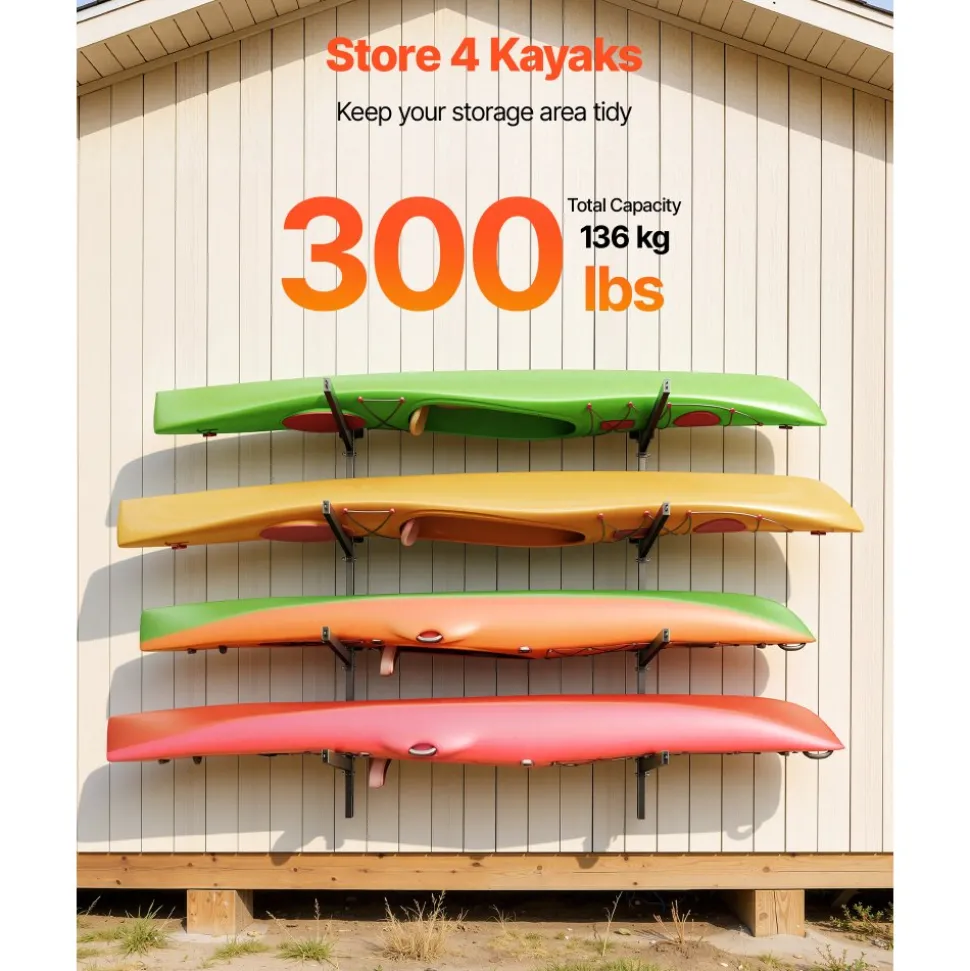 VEVOR Kayak Storage Rack for 4 Kayaks, Holds 300 lbs, Heavy Duty Adjustable Wall Mount Stand for Indoor Outdoor Garage Shed Dock, Storage Holder for Canoe, Small Boat, SUP, Surfboard & Paddleboard