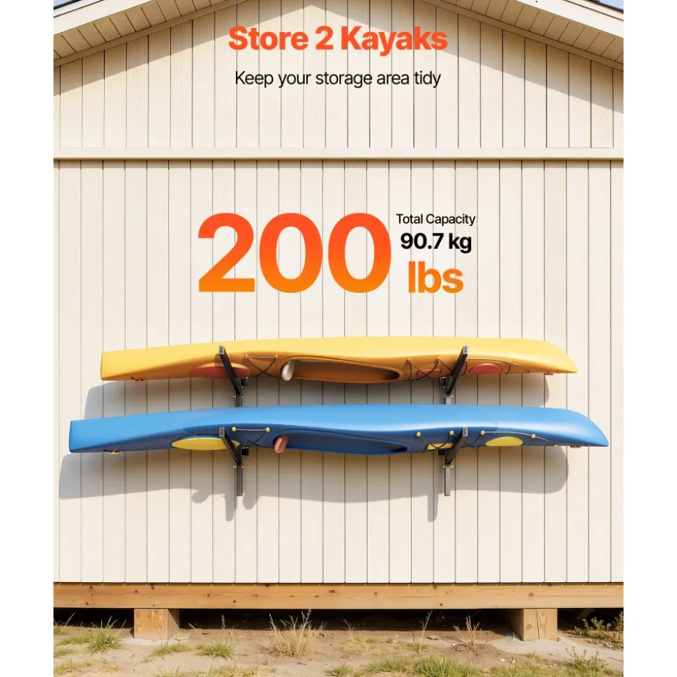 VEVOR Kayak Storage Rack for 2 Kayaks, Holds 200 lbs, Heavy Duty Adjustable Wall Mount Stand for Indoor Outdoor Garage Shed Dock, Storage Holder for Canoe, Small Boat, SUP, Surfboard & Paddleboard