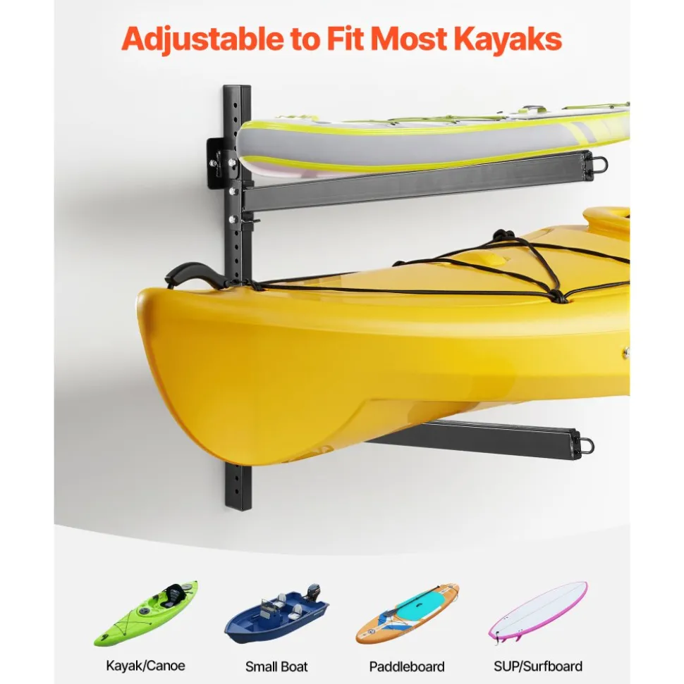 VEVOR Kayak Storage Rack for 2 Kayaks, Holds 200 lbs, Heavy Duty Adjustable Wall Mount Stand for Indoor Outdoor Garage Shed Dock, Storage Holder for Canoe, Small Boat, SUP, Surfboard & Paddleboard