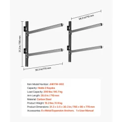 VEVOR Kayak Storage Rack for 2 Kayaks, Holds 200 lbs, Heavy Duty Adjustable Wall Mount Stand for Indoor Outdoor Garage Shed Dock, Storage Holder for Canoe, Small Boat, SUP, Surfboard & Paddleboard