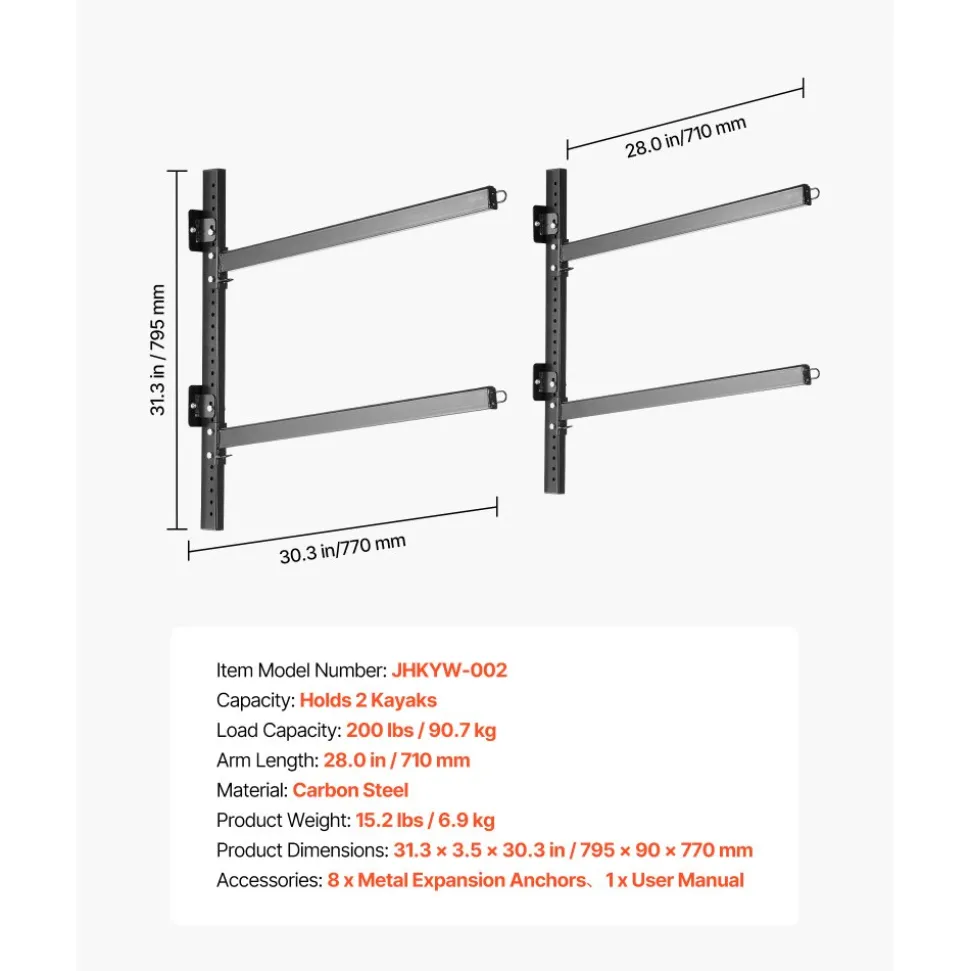 VEVOR Kayak Storage Rack for 2 Kayaks, Holds 200 lbs, Heavy Duty Adjustable Wall Mount Stand for Indoor Outdoor Garage Shed Dock, Storage Holder for Canoe, Small Boat, SUP, Surfboard & Paddleboard