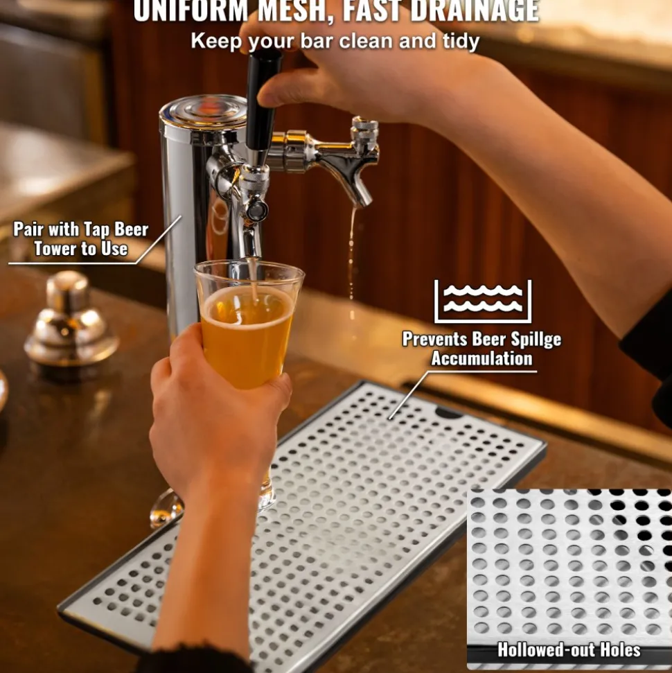 VEVOR Kegerator Beer Drip Tray, 304 Stainless Steel Keg Drip Trays with 4 Non-Slip Rubber Pads and Detachable Cover, Heat / Cold Resistant Beer Tower Drip Pan for Bar Restaurant Coffee Shop Home