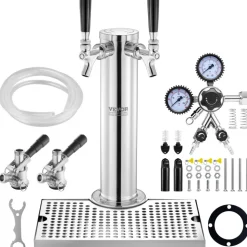 VEVOR Kegerator Tower Kit, Dual Taps Beer Conversion Kit, Stainless Steel Keg Beer Tower Dispenser with Dual Gauge CGA320 Regulator & D-System Keg Coupler, Beer Drip Tray for Party Home