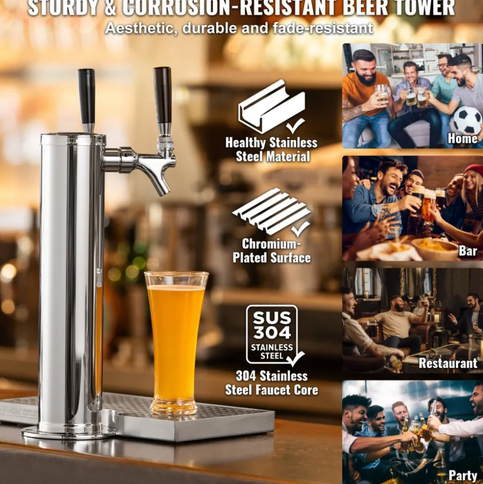VEVOR Kegerator Tower Kit, Dual Taps Beer Conversion Kit, Stainless Steel Keg Beer Tower Dispenser with Dual Gauge CGA320 Regulator & D-System Keg Coupler, Beer Drip Tray for Party Home