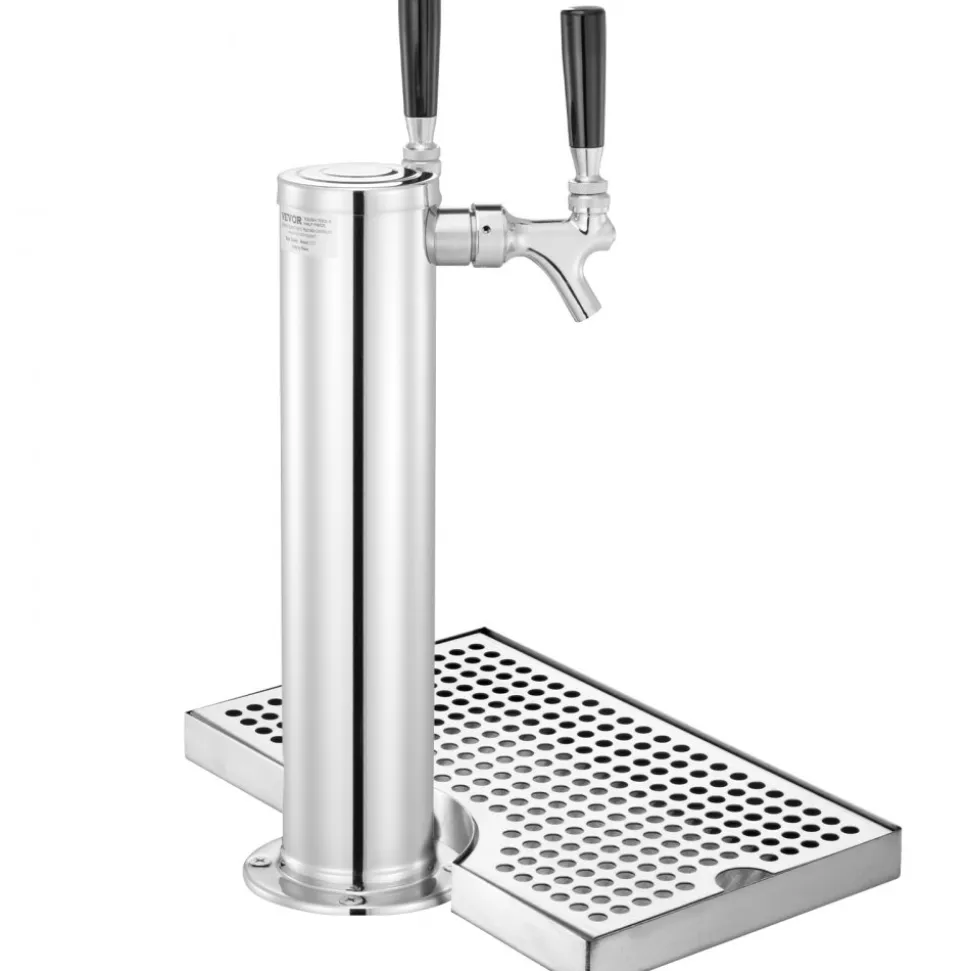 VEVOR Kegerator Tower Kit, Dual Taps Beer Conversion Kit, Stainless Steel Keg Beer Tower Dispenser with Dual Gauge CGA320 Regulator & D-System Keg Coupler, Beer Drip Tray for Party Home