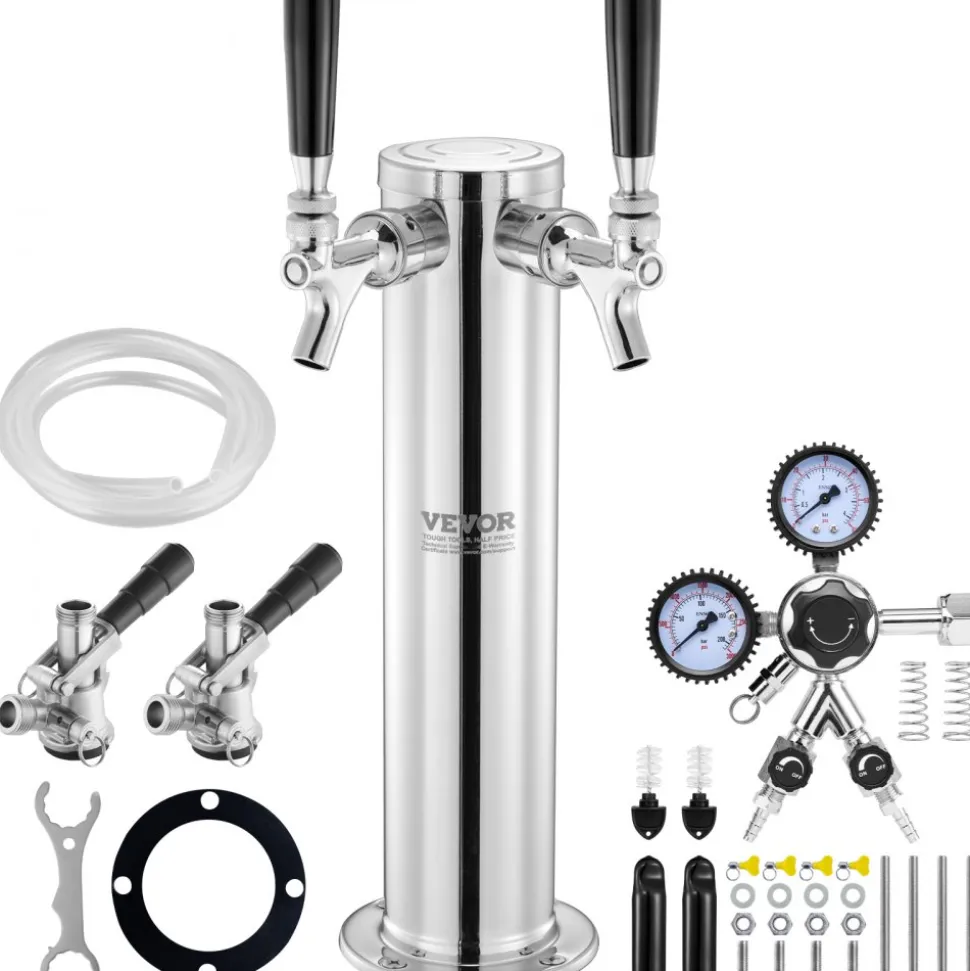VEVOR Kegerator Tower Kit, Dual Taps Beer Conversion Kit, Stainless Steel Keg Beer Tower Dispenser with Dual Gauge CGA320 Regulator & D-System Keg Coupler, Self-Closing Spring for Party Bar Home