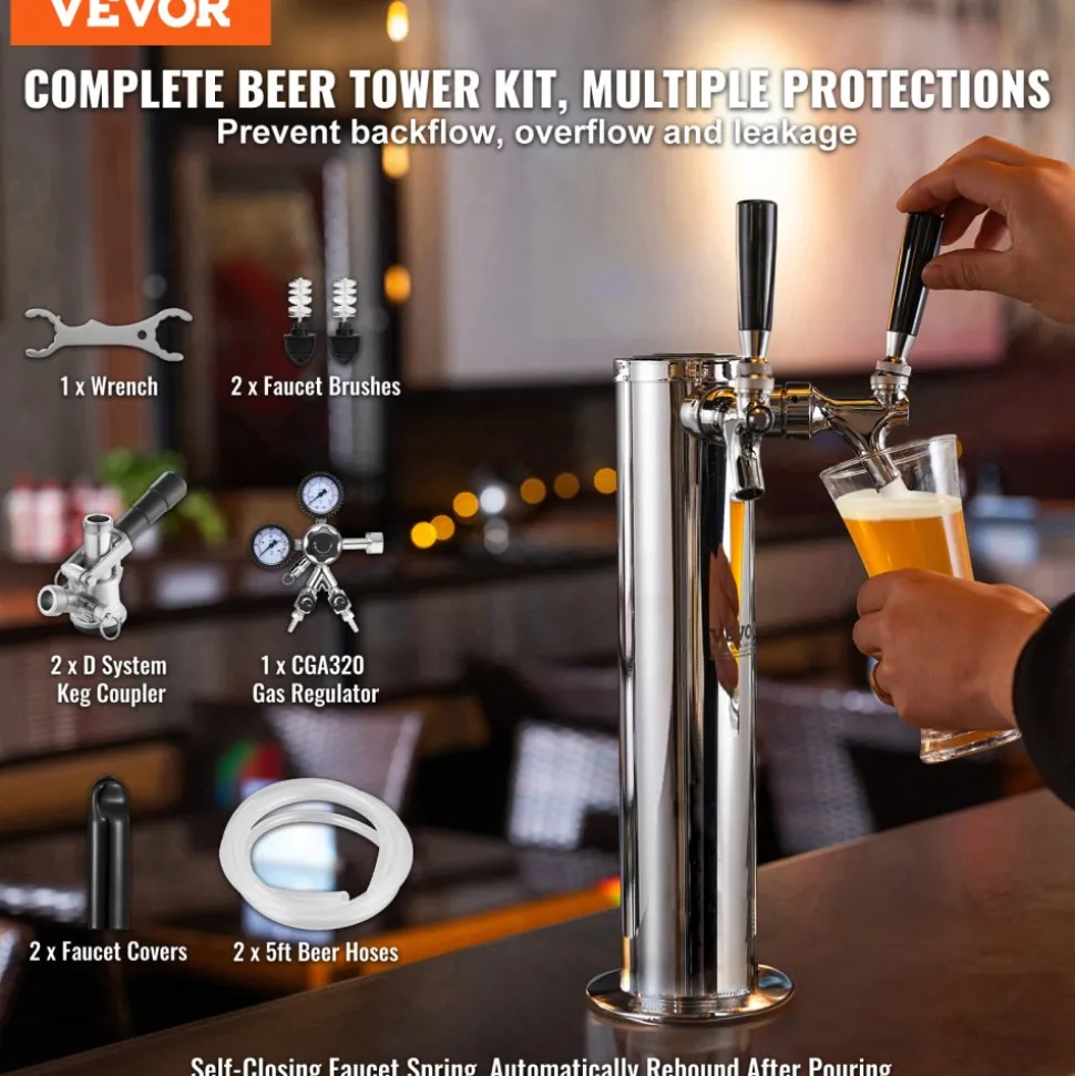 VEVOR Kegerator Tower Kit, Dual Taps Beer Conversion Kit, Stainless Steel Keg Beer Tower Dispenser with Dual Gauge CGA320 Regulator & D-System Keg Coupler, Self-Closing Spring for Party Bar Home