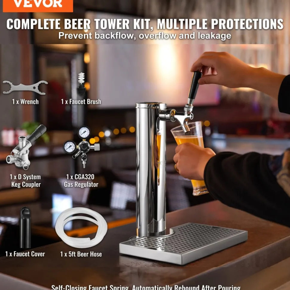 VEVOR Kegerator Tower Kit, Single Tap Beer Conversion Kit, Stainless Steel Keg Beer Tower Dispenser with Dual Gauge CGA320 Regulator & D-System Keg Coupler, Beer Drip Tray for Party Home