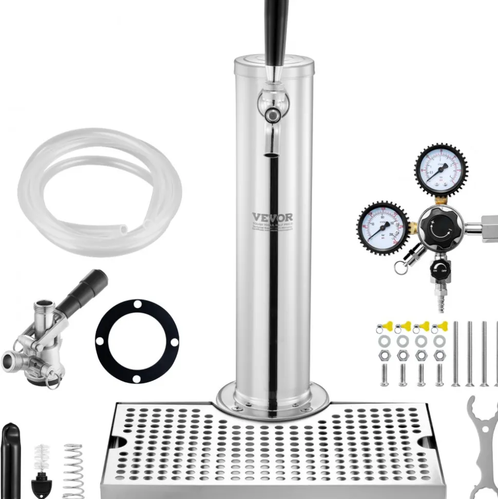 VEVOR Kegerator Tower Kit, Single Tap Beer Conversion Kit, Stainless Steel Keg Beer Tower Dispenser with Dual Gauge CGA320 Regulator & D-System Keg Coupler, Beer Drip Tray for Party Home