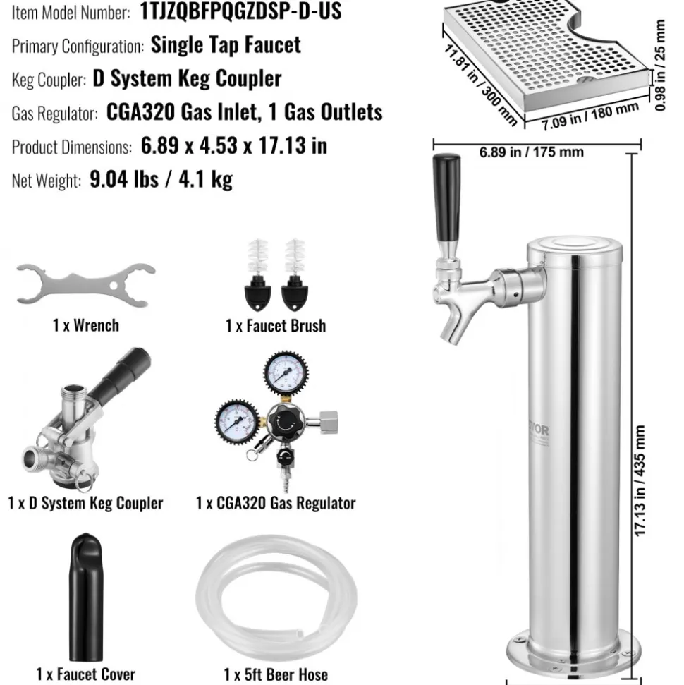 VEVOR Kegerator Tower Kit, Single Tap Beer Conversion Kit, Stainless Steel Keg Beer Tower Dispenser with Dual Gauge CGA320 Regulator & D-System Keg Coupler, Beer Drip Tray for Party Home