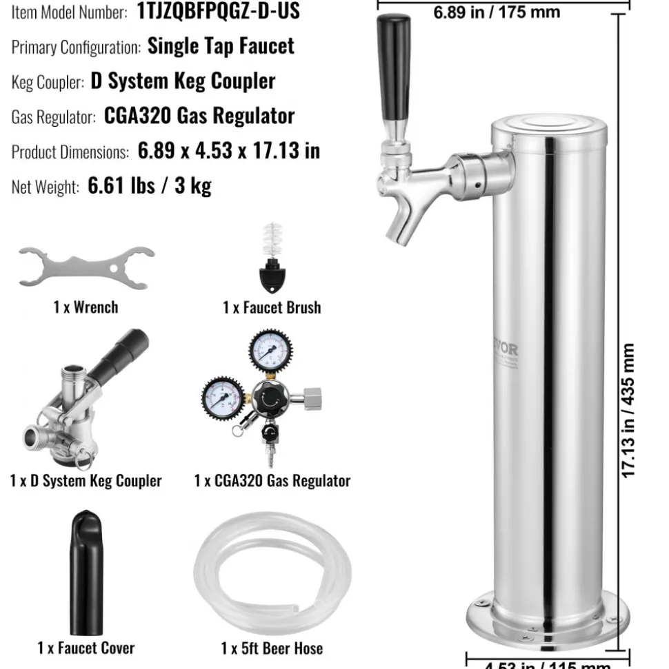 VEVOR Kegerator Tower Kit, Single Tap Beer Conversion Kit, Stainless Steel Keg Beer Tower Dispenser with Dual Gauge CGA320 Regulator & D-System Keg Coupler, Self-Closing Spring for Party Bar Home