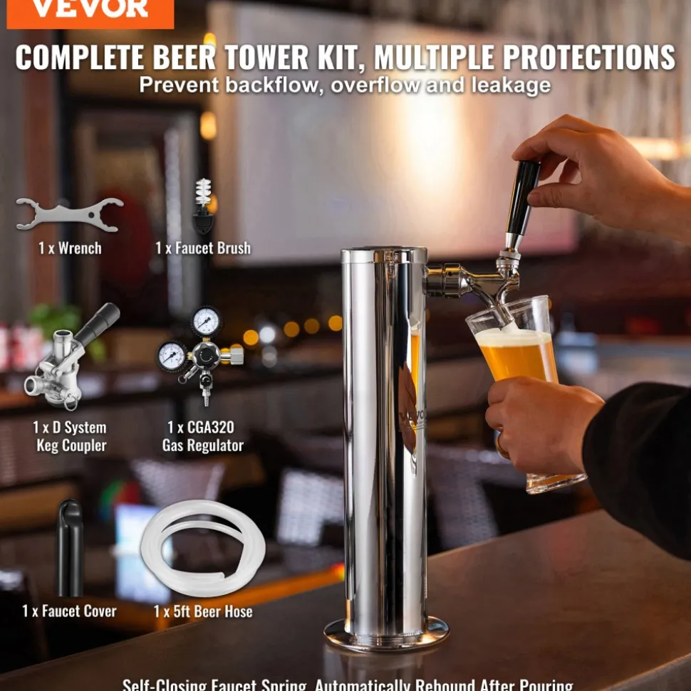 VEVOR Kegerator Tower Kit, Single Tap Beer Conversion Kit, Stainless Steel Keg Beer Tower Dispenser with Dual Gauge CGA320 Regulator & D-System Keg Coupler, Self-Closing Spring for Party Bar Home