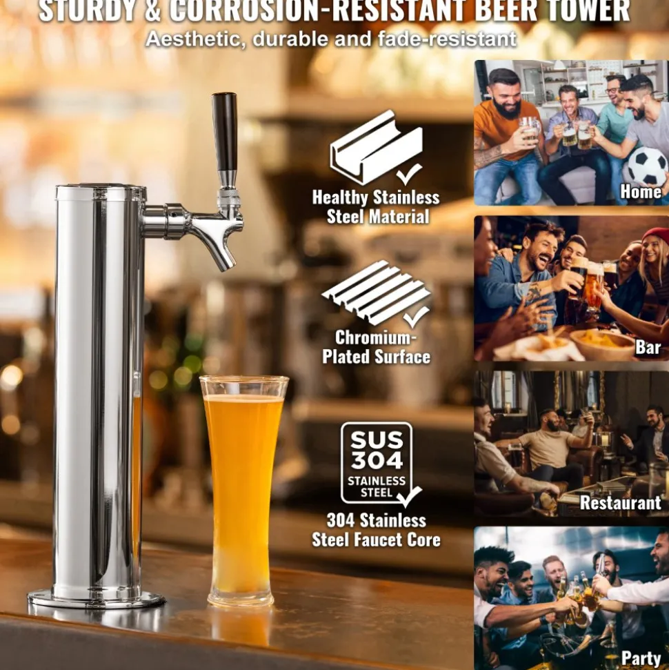 VEVOR Kegerator Tower Kit, Single Tap Beer Conversion Kit, Stainless Steel Keg Beer Tower Dispenser with Dual Gauge CGA320 Regulator & D-System Keg Coupler, Self-Closing Spring for Party Bar Home
