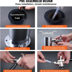 VEVOR Kegerator Tower Kit, Single Tap Beer Conversion Kit, Stainless Steel Keg Beer Tower Dispenser with Dual Gauge CGA320 Regulator & D-System Keg Coupler, Self-Closing Spring for Party Bar Home