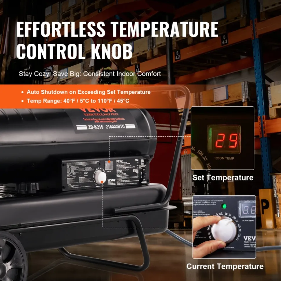 VEVOR Kerosene Forced Air Heater, 215000 BTU Portable Torpedo Diesel Space Heater with Thermostat, 13.2 Gallon Tank Energy-Efficient heavy-duty Heater, for Indoor Outdoor Use Workshop Industry