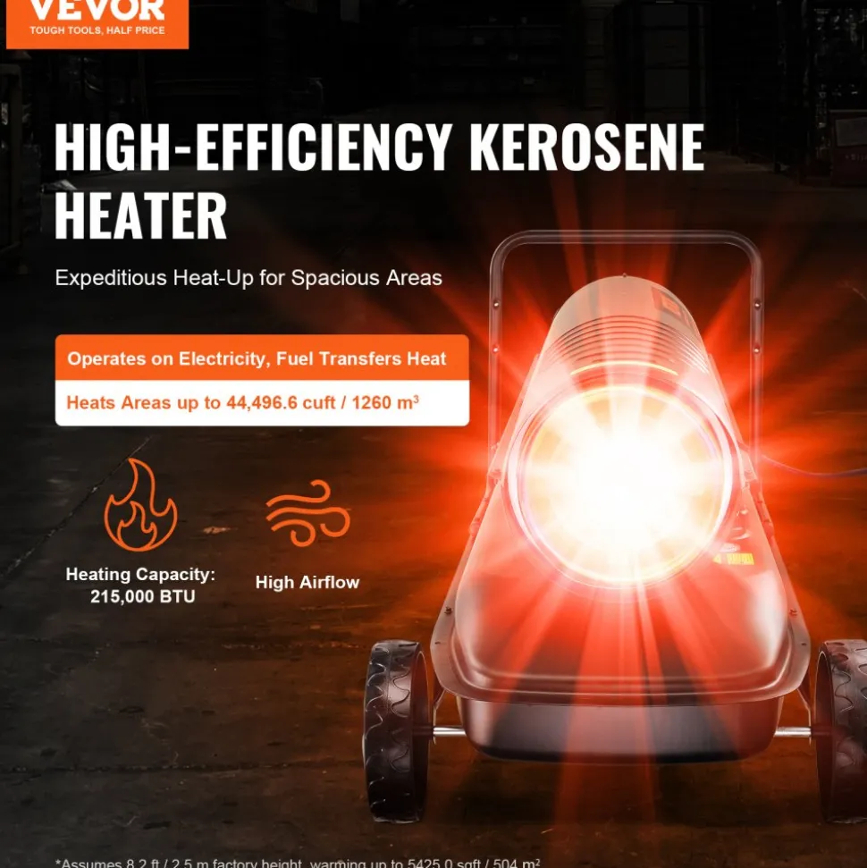 VEVOR Kerosene Forced Air Heater, 215000 BTU Portable Torpedo Diesel Space Heater with Thermostat, 13.2 Gallon Tank Energy-Efficient heavy-duty Heater, for Indoor Outdoor Use Workshop Industry