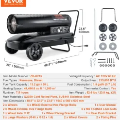 VEVOR Kerosene Forced Air Heater, 215000 BTU Portable Torpedo Diesel Space Heater with Thermostat, 13.2 Gallon Tank Energy-Efficient heavy-duty Heater, for Indoor Outdoor Use Workshop Industry