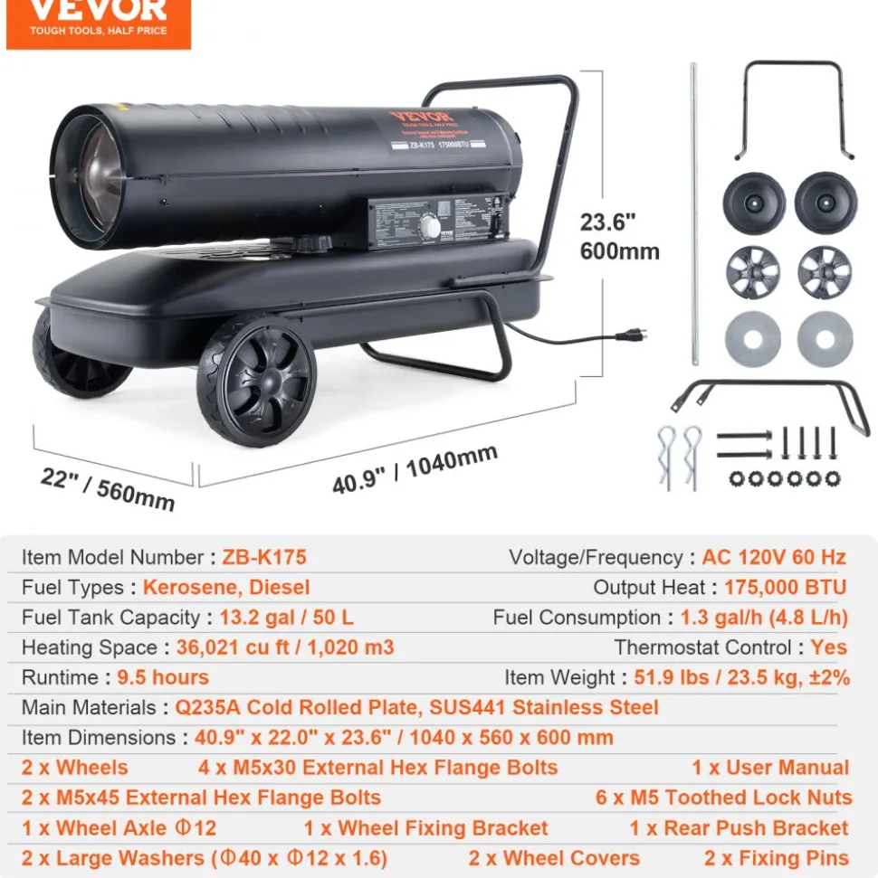 VEVOR Kerosene Forced Air Heater, 175000 BTU Portable Air Space Heater with Thermostat, 13.2 Gallon Tank Energy-Efficient heavy-duty Heater, for Indoor Outdoor Use Workshop Industry
