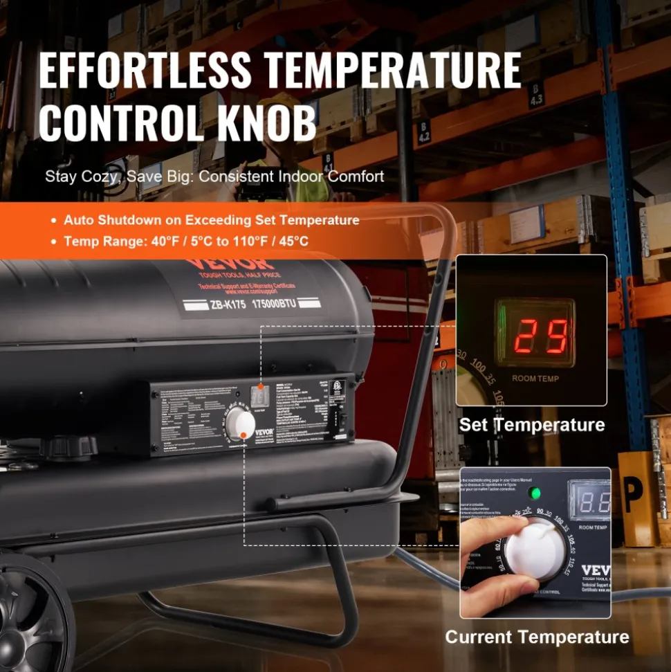 VEVOR Kerosene Forced Air Heater, 175000 BTU Portable Air Space Heater with Thermostat, 13.2 Gallon Tank Energy-Efficient heavy-duty Heater, for Indoor Outdoor Use Workshop Industry