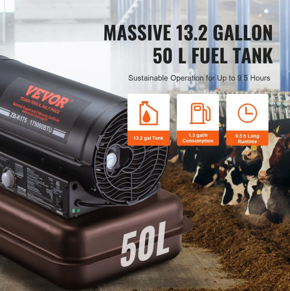 VEVOR Kerosene Forced Air Heater, 175000 BTU Portable Air Space Heater with Thermostat, 13.2 Gallon Tank Energy-Efficient heavy-duty Heater, for Indoor Outdoor Use Workshop Industry