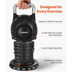 VEVOR Kettlebell, Adjustable Kettlebell with 7 Weight Levels (5, 11.5, 18, 24.5, 31, 37.5, 44 lbs), Die-Cast Aluminum and ABS Material, for Grip Strength Training, Full-body Workout & Cross-Training