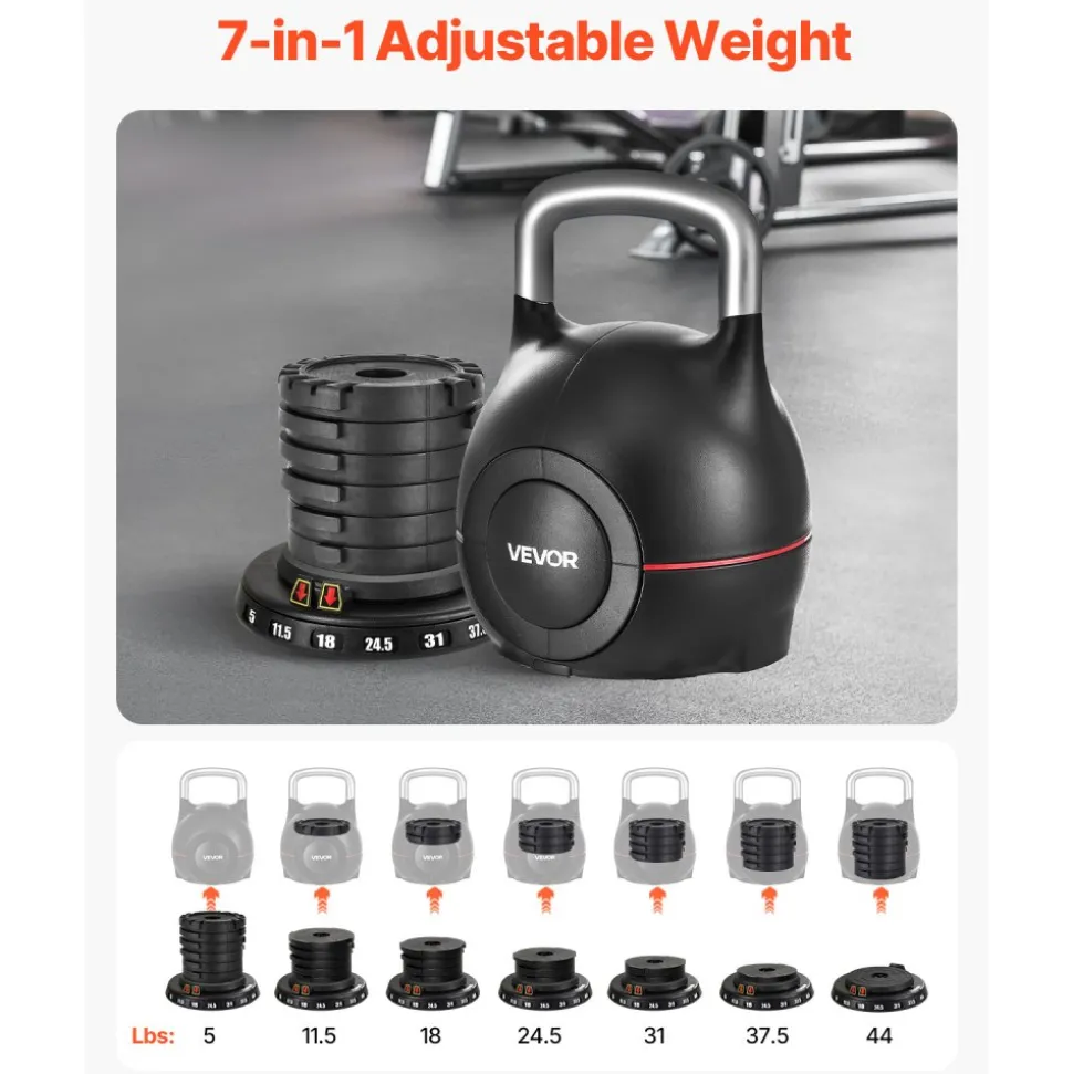 VEVOR Kettlebell, Adjustable Kettlebell with 7 Weight Levels (5, 11.5, 18, 24.5, 31, 37.5, 44 lbs), Die-Cast Aluminum and ABS Material, for Grip Strength Training, Full-body Workout & Cross-Training