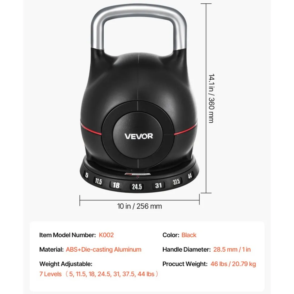 VEVOR Kettlebell, Adjustable Kettlebell with 7 Weight Levels (5, 11.5, 18, 24.5, 31, 37.5, 44 lbs), Die-Cast Aluminum and ABS Material, for Grip Strength Training, Full-body Workout & Cross-Training
