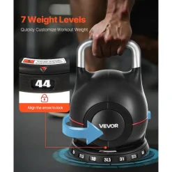 VEVOR Kettlebell, Adjustable Kettlebell with 7 Weight Levels (5, 11.5, 18, 24.5, 31, 37.5, 44 lbs), Die-Cast Aluminum and ABS Material, for Grip Strength Training, Full-body Workout & Cross-Training