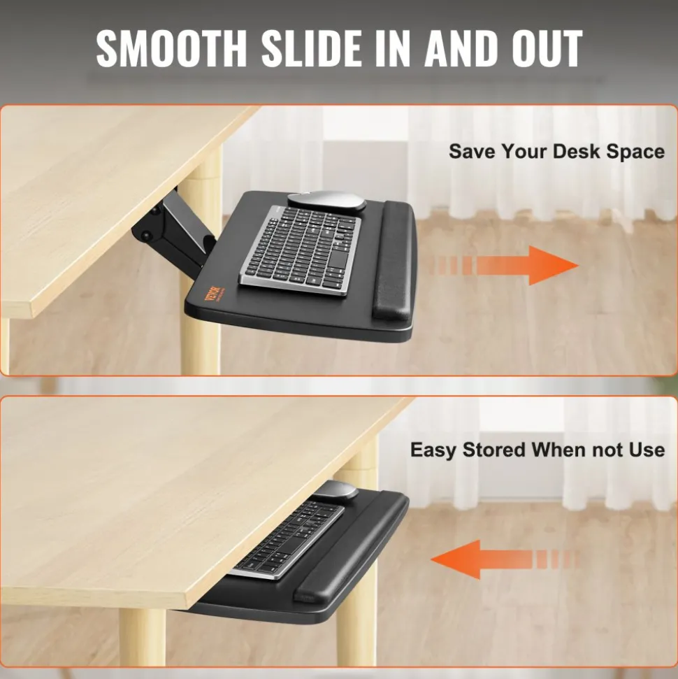 VEVOR Keyboard Tray under Desk Adjustable Height, Height and Angle Adjustable under Desk Keyboard Tray Slide out, Large 25x9.8 inch Keyboard Holder under Desk for Typing in Home, Office Work