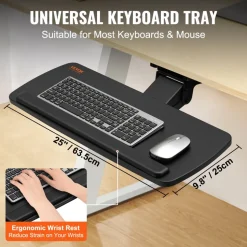 VEVOR Keyboard Tray under Desk Adjustable Height, Height and Angle Adjustable under Desk Keyboard Tray Slide out, Large 25x9.8 inch Keyboard Holder under Desk for Typing in Home, Office Work