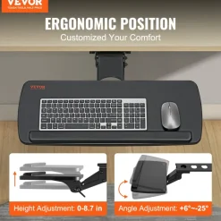 VEVOR Keyboard Tray under Desk Adjustable Height, Height and Angle Adjustable under Desk Keyboard Tray Slide out, Large 25x9.8 inch Keyboard Holder under Desk for Typing in Home, Office Work