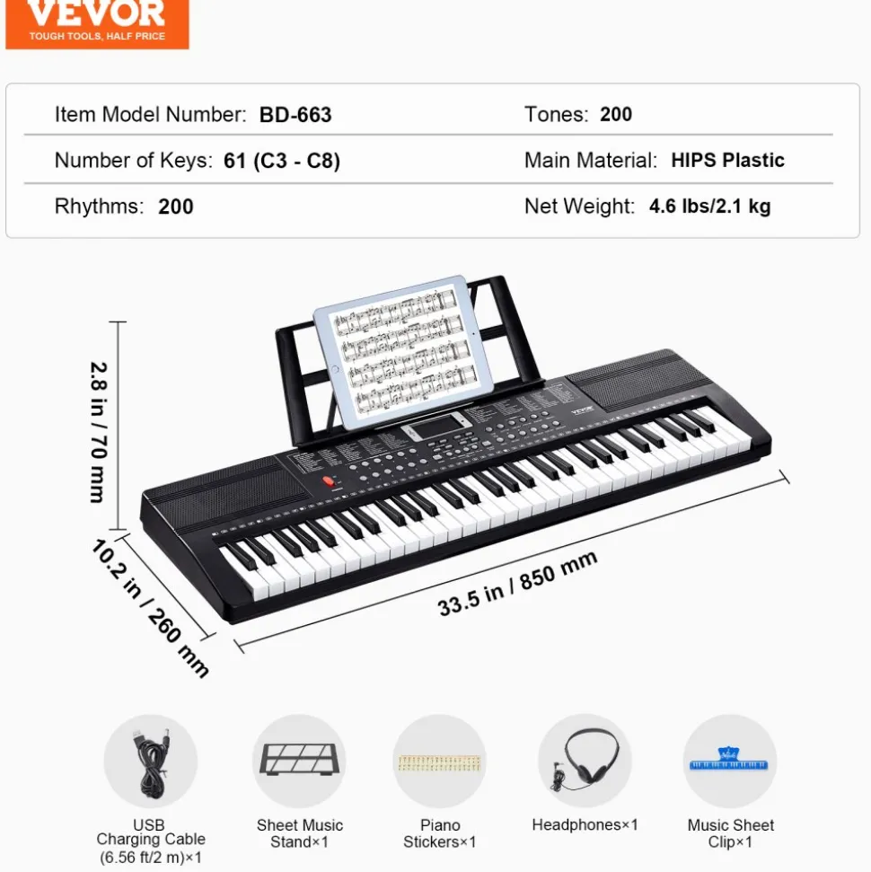 VEVOR 61 Key Digital Keyboard Piano, 200 Tones 200 Rhythms, Electric Portable Piano Keyboard Kit with 60 Demo Songs Built-In Dual Speakers Headphones, Piano Stickers for Beginners Learning