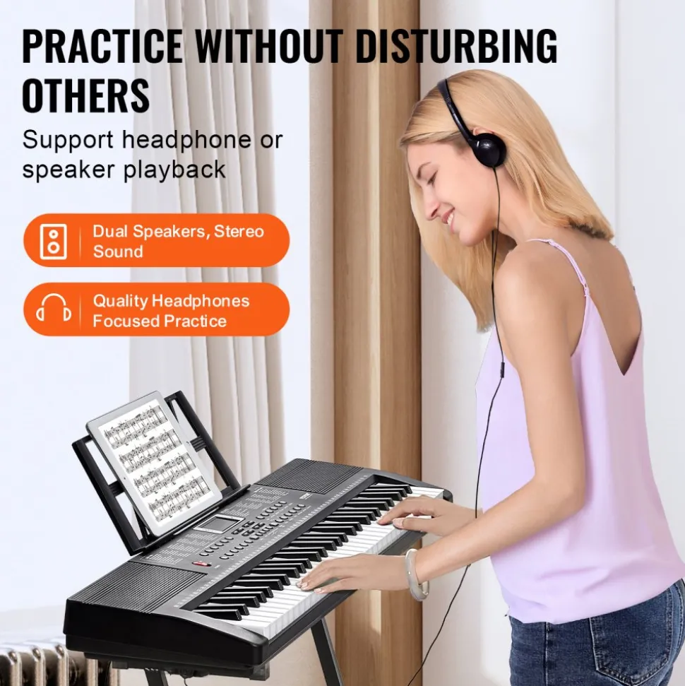 VEVOR 61 Key Digital Keyboard Piano, 200 Tones 200 Rhythms, Electric Portable Piano Keyboard Kit with 60 Demo Songs Built-In Dual Speakers Headphones, Piano Stickers for Beginners Learning