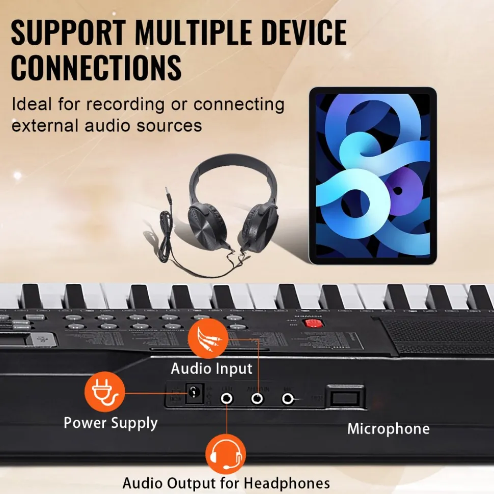 VEVOR 61 Key Digital Keyboard Piano, 200 Tones 200 Rhythms, Electric Portable Piano Keyboard Kit with 60 Demo Songs Built-In Dual Speakers Headphones, Piano Stickers for Beginners Learning