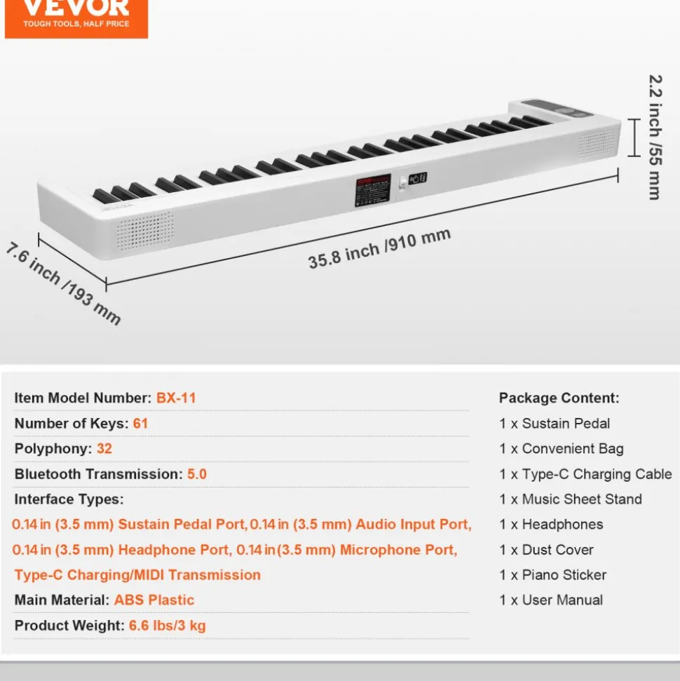VEVOR 61 Key Folding Keyboard Piano, Bluetooth & MIDI, Portable Electronic Digital Foldable Piano with Sustain Pedal Touch Sensitive Lighted Keys Bag, Rechargeable for Beginners Teens Adults, White