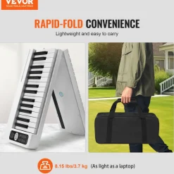 VEVOR 61 Key Folding Keyboard Piano, Bluetooth & MIDI, Portable Electronic Digital Foldable Piano with Sustain Pedal Touch Sensitive Lighted Keys Bag, Rechargeable for Beginners Teens Adults, White