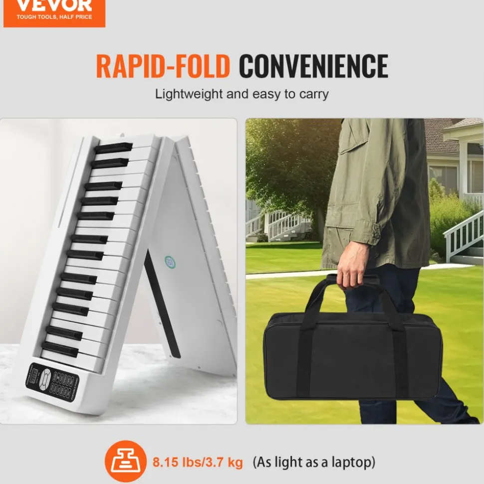 VEVOR 61 Key Folding Keyboard Piano, Bluetooth & MIDI, Portable Electronic Digital Foldable Piano with Sustain Pedal Touch Sensitive Lighted Keys Bag, Rechargeable for Beginners Teens Adults, White