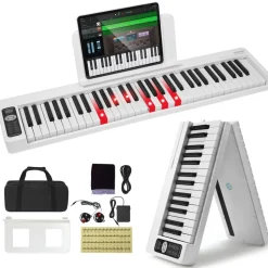 VEVOR 61 Key Folding Keyboard Piano, Bluetooth & MIDI, Portable Electronic Digital Foldable Piano with Sustain Pedal Touch Sensitive Lighted Keys Bag, Rechargeable for Beginners Teens Adults, White