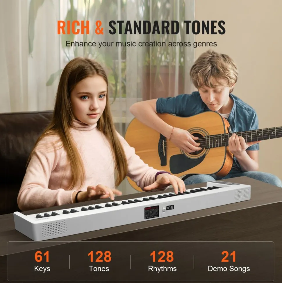 VEVOR 61 Key Folding Keyboard Piano, Bluetooth & MIDI, Portable Electronic Digital Foldable Piano with Sustain Pedal Touch Sensitive Lighted Keys Bag, Rechargeable for Beginners Teens Adults, White