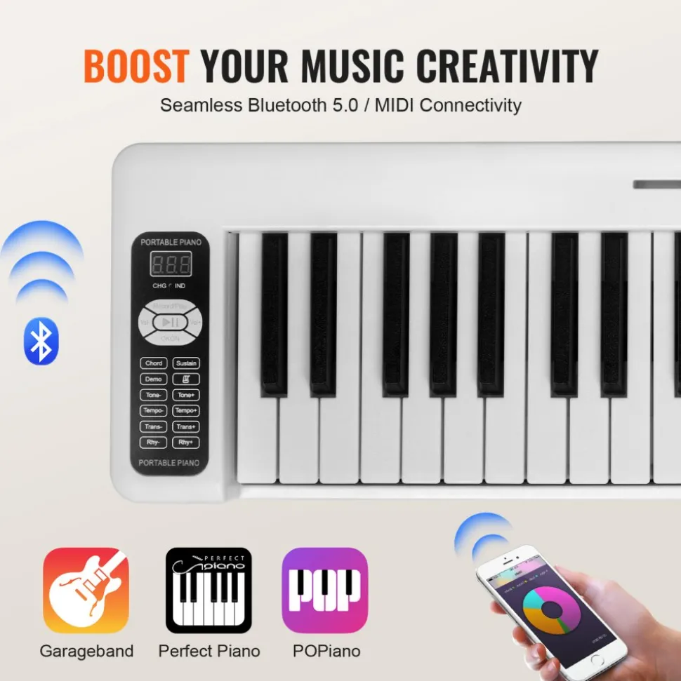VEVOR 61 Key Folding Keyboard Piano, Bluetooth & MIDI, Portable Electronic Digital Foldable Piano with Sustain Pedal Touch Sensitive Lighted Keys Bag, Rechargeable for Beginners Teens Adults, White