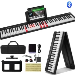 VEVOR 88 Key Folding Keyboard Piano, Bluetooth & MIDI, Portable Electronic Digital Foldable Piano with Sustain Pedal Bag Touch Sensitive Keys Headphones, Rechargeable for Beginners Teens Adults, Black