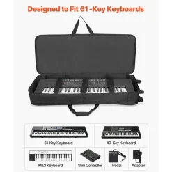 VEVOR 61 Key Keyboard Case, 40.9 x 16.9 x 5.1 in Interior, Padded Rolling Piano Case with Wheels, Sturdy Handle, 3-Pocket Storage, Gig Bag with Smooth Wheels, for 88 Note Keyboards and Electric Pianos