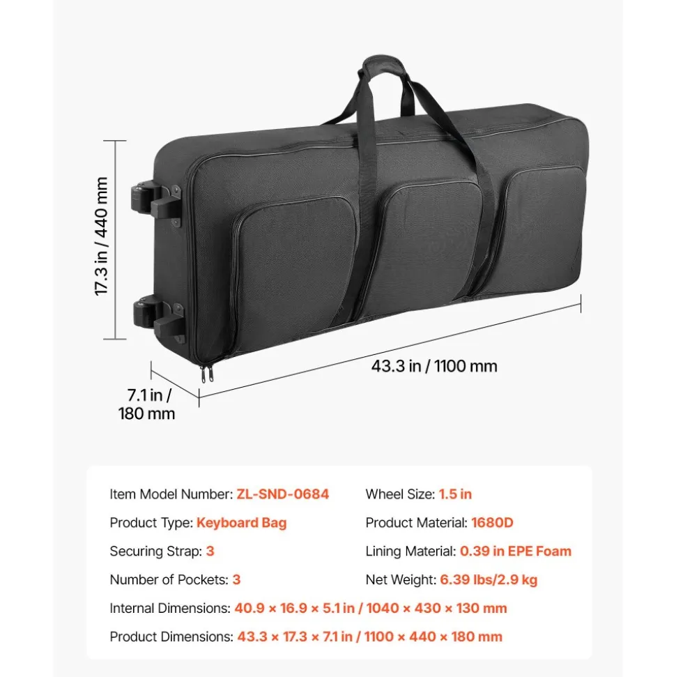 VEVOR 61 Key Keyboard Case, 40.9 x 16.9 x 5.1 in Interior, Padded Rolling Piano Case with Wheels, Sturdy Handle, 3-Pocket Storage, Gig Bag with Smooth Wheels, for 88 Note Keyboards and Electric Pianos