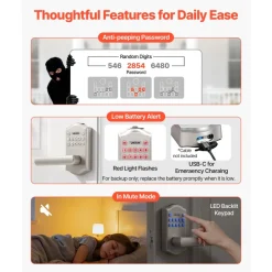 VEVOR Keyless Entry Door Lock with Handle, Electronic Lever Door Handle with Keypad, Customizable User Codes, Keyed Entry, Auto Lock, Anti-Peeking Password, Backlit Keypad, for Home, Satin Nickel