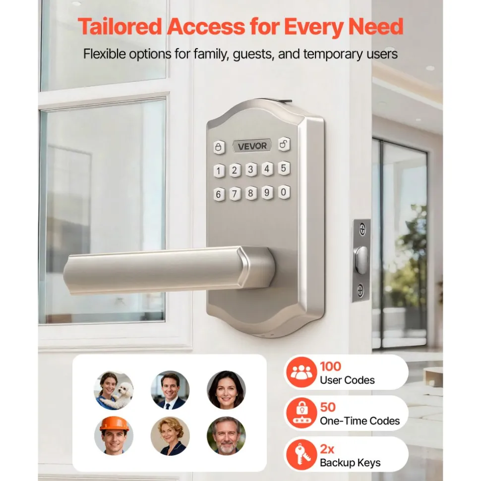 VEVOR Keyless Entry Door Lock with Handle, Electronic Lever Door Handle with Keypad, Customizable User Codes, Keyed Entry, Auto Lock, Anti-Peeking Password, Backlit Keypad, for Home, Satin Nickel