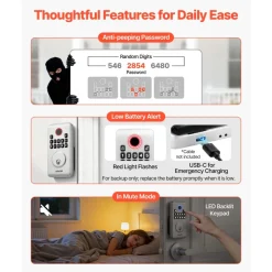 VEVOR Keyless Entry Door Lock, Electronic Deadbolt with Customizable User Codes, Pioneering Easy-Grip Design, Keyed Entry, Auto Lock, Anti-Peeking Password, Backlit Keypad, for Home, Apartment, Silver